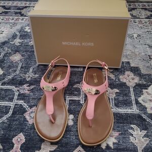 Michael Kors Pink Leather T-Strap Logo Sandals